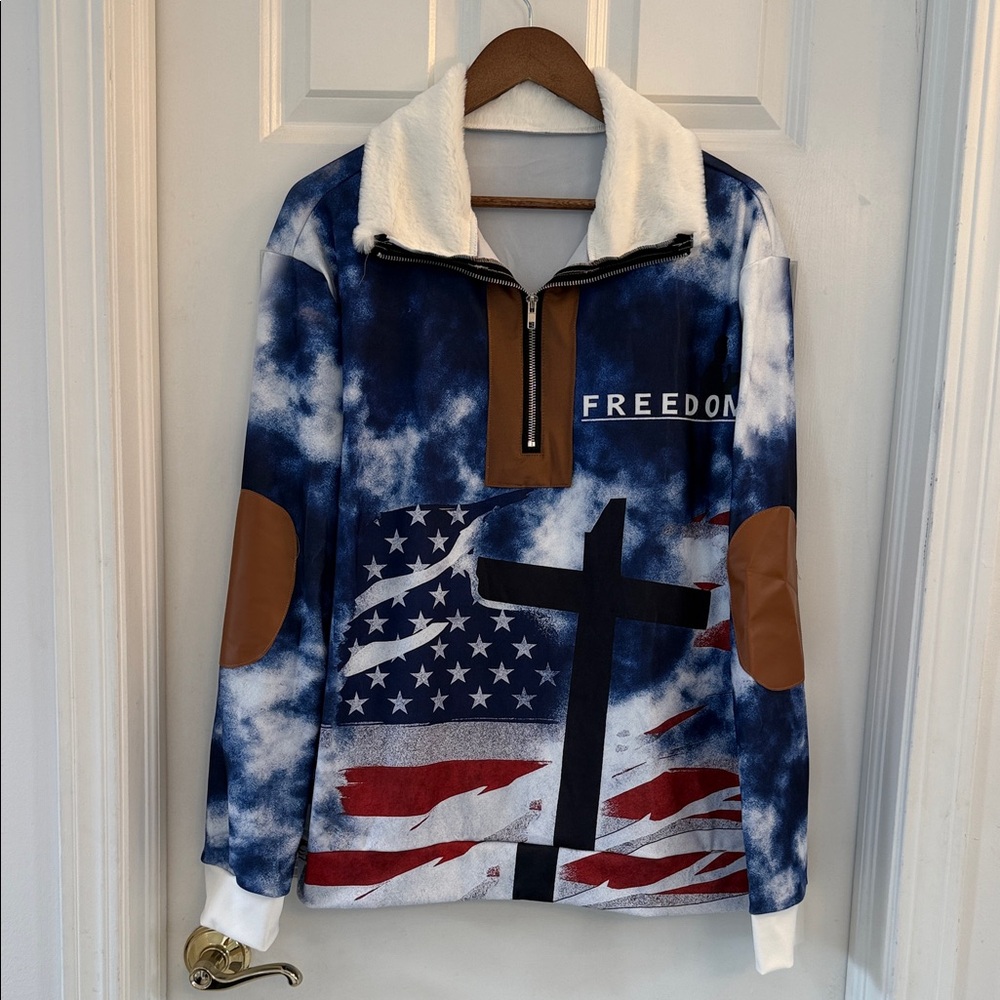 Patriotic Pullover with Cross and Flag Design